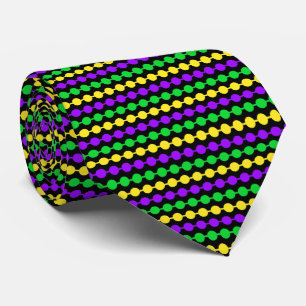 Cravate Mardi Gras Vert, Jaune, Perles Violettes sur Fond 