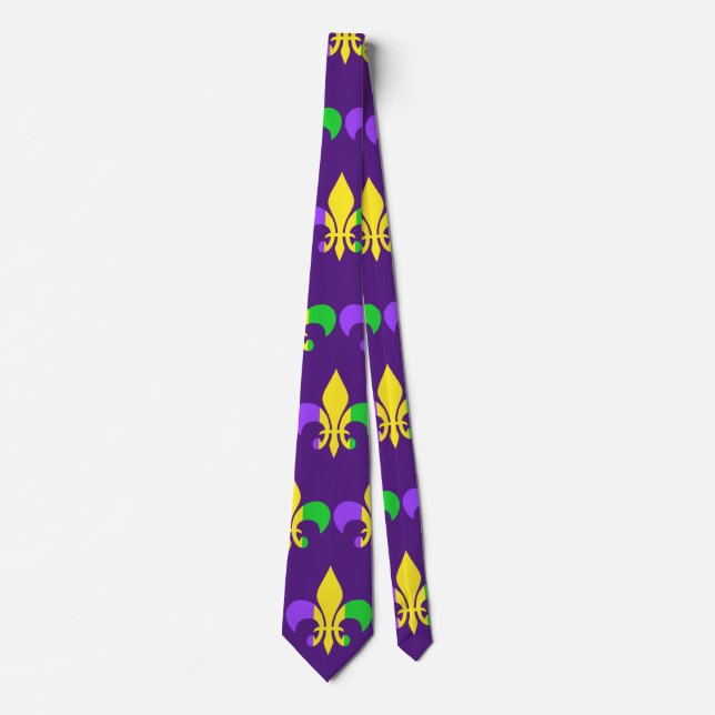 Cravate Mardi Gras Vert Jaune Violet Fleur de Lis (Devant)