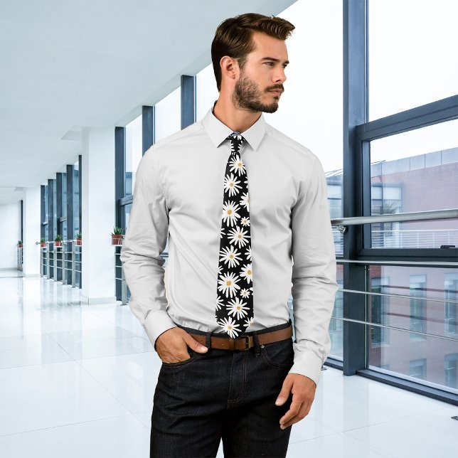 Cravate Marguerites Noir Personnaliser Initiale (Créateur téléchargé)