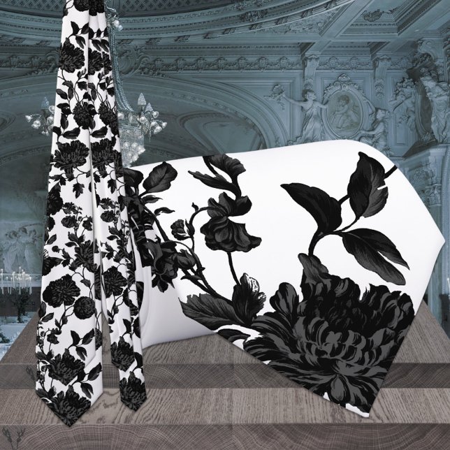 Cravate Mariage à la vigne florale noire et blanche (Créateur téléchargé)