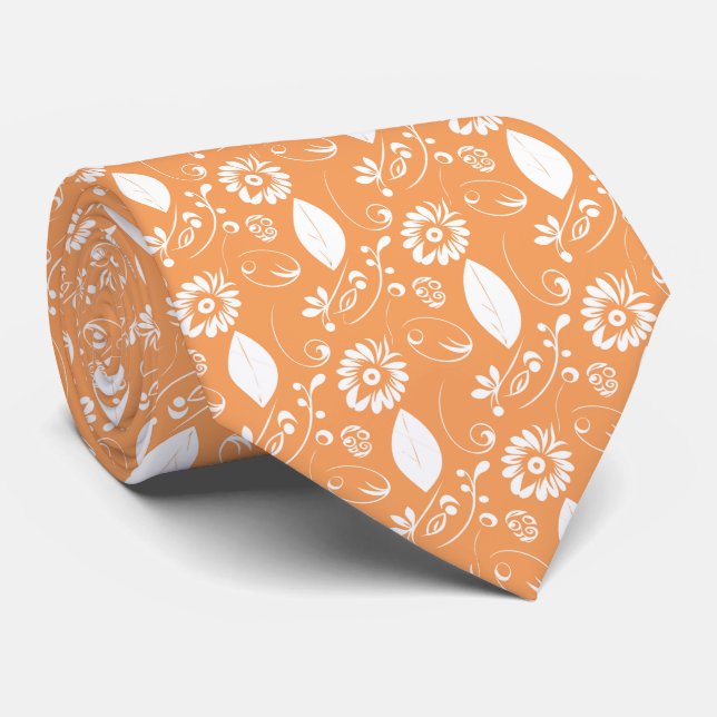 Cravate Mariage Abstrait aux Feuilles Orange et Fleurs (Roulé)