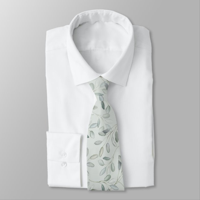 Cravate Mariage aquarelle branche d'eucalyptus vert sauge (Attaché)