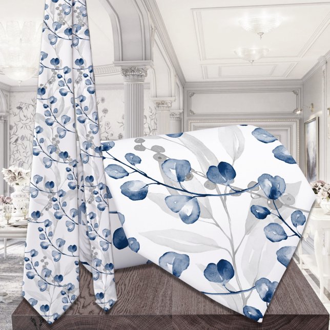 Cravate Mariage aquarelle de verdure d'eucalyptus bleu mar (Créateur téléchargé)
