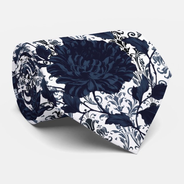 Cravate Mariage Aristocrate à Fleur de Damas Bleu Marine e (Roulé)