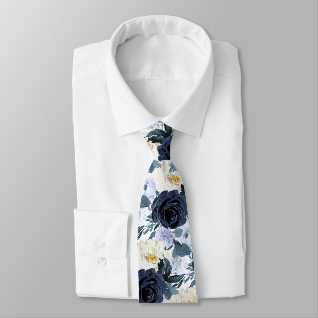 Cravate Mariage ArtsApp H2 Navy + Roses Bleu Poussiéreux (Attaché)