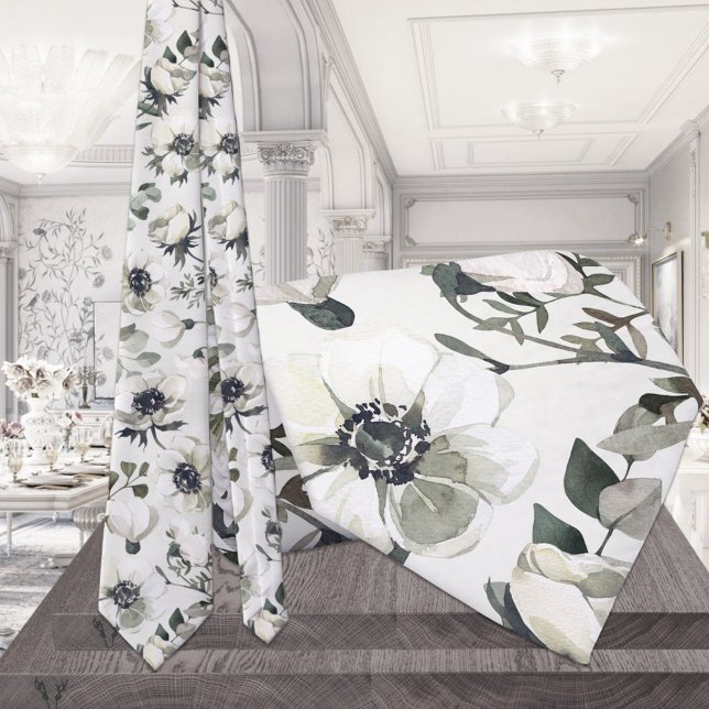 Cravate Mariage aux Anémones Blanches et Eucalyptus Vert (Créateur téléchargé)