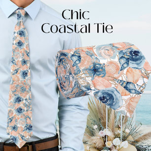 Cravate Mariage Beach Shell Floral Bleu Blanc