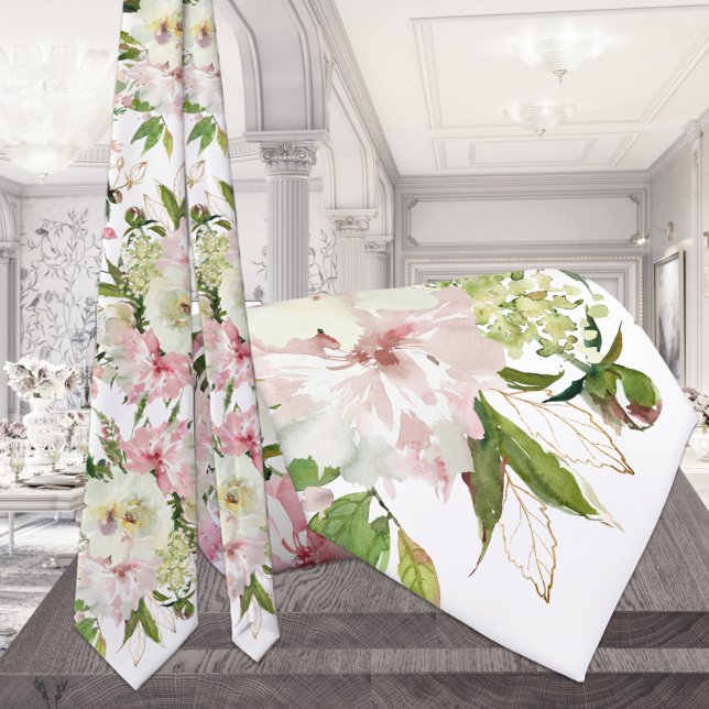 Cravate Mariage Blanc et Rose Pâle Étincelant avec Verdure (Créateur téléchargé)