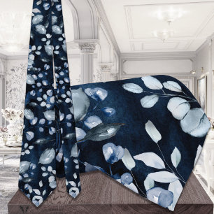 Cravate Mariage Bleu Nuit Aquarelle Bleu Poussiéreux Verdu