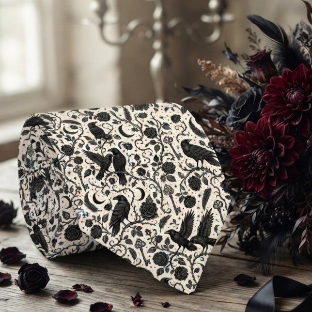 Cravate Mariage Botanique Gothique Corbeau (Raven necktie for alternative grooms at a gothic wedding.)