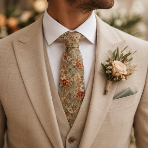 Cravate Mariage Botanique Terracotta Vert Sauge Floral