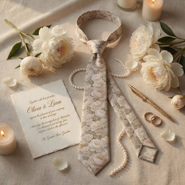 Cravate Mariage Champêtre Champagne et Fleurs d'Ivoire (Créateur téléchargé)