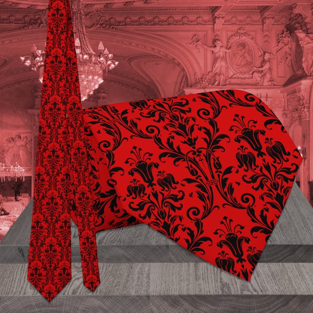 Cravate Mariage damassé florale rouge et noire (Créateur téléchargé)