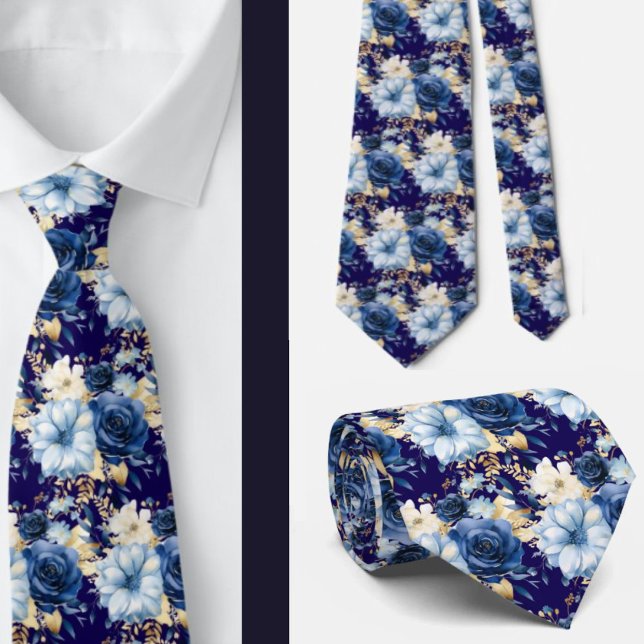 Cravate Mariage de fleurs d'aquarelle bleu marine or (Créateur téléchargé)