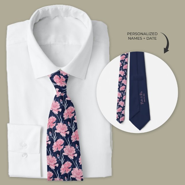 Cravate Mariage de la carnation bleu bleu marine (Navy blue necktie with pink carnations. Personalized wedding tie for groom and groomsmen.)