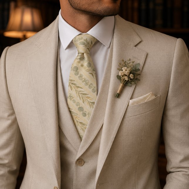 Cravate Mariage de luxe à rayures botaniques champagne (Créateur téléchargé)