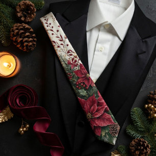 Cravate Mariage de Noël Botanique Poinsettia Bourgogne