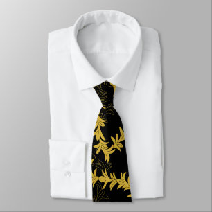Cravate Mariage de plage à motif de plumeria noir or