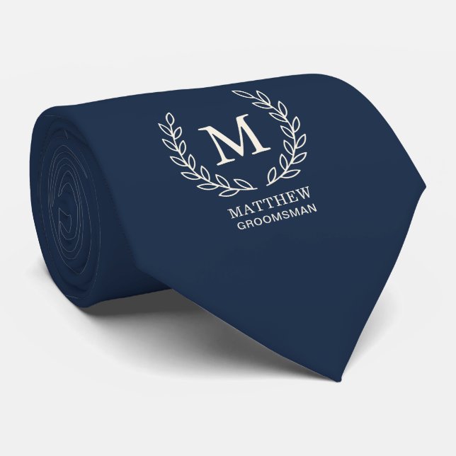Cravate Mariage élégant bleu marine avec monogramme pour g (Roulé)