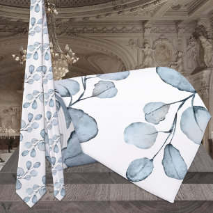 Cravate Mariage Élégant Bleu Poussiéreux & Blanc Eucalyptu