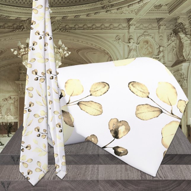 Cravate Mariage élégant eucalyptus blanc et or (Créateur téléchargé)