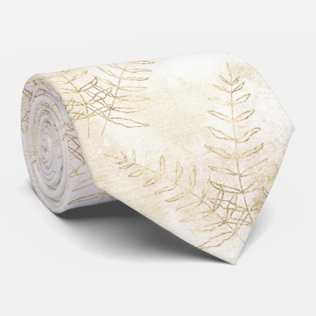 Cravate Mariage Élégant Feuille de Fougère Blanche & Or  (Roulé)