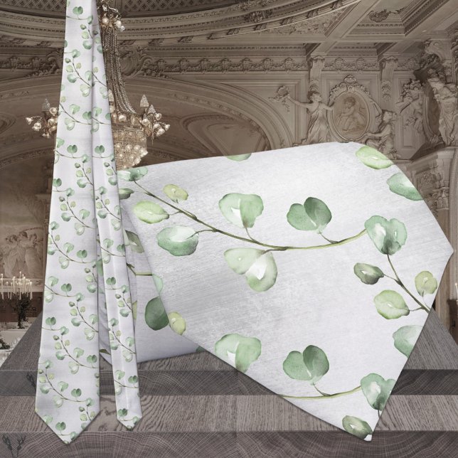 Cravate Mariage élégant gris et verdure d'eucalyptus (Créateur téléchargé)