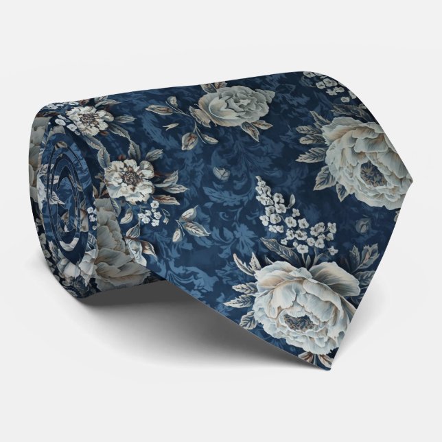 Cravate Mariage en cascade de pivoines blanches bleues mar (Roulé)
