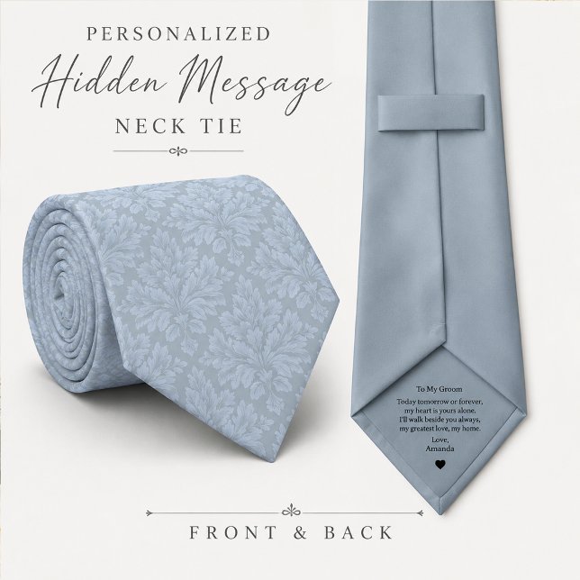 Cravate Mariage en Damas Bleu Poussiéreux Message Caché (Slate Blue Hidden Message Neck Tie)