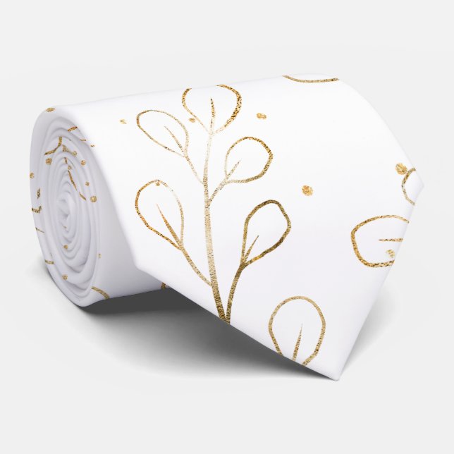 Cravate Mariage Eucalyptus Blanc Pur & Contour Doré  (Roulé)