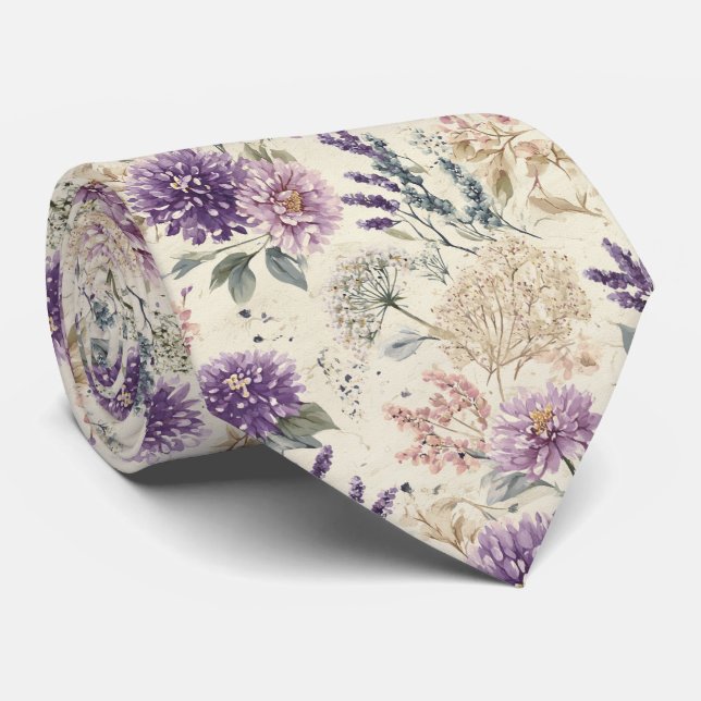 Cravate Mariage Fleur de Chardon Pourpre et Fleurs Sauvage (Roulé)