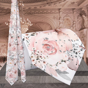 Cravate Mariage Fleur de Pivoine Rose Blanc Argenté