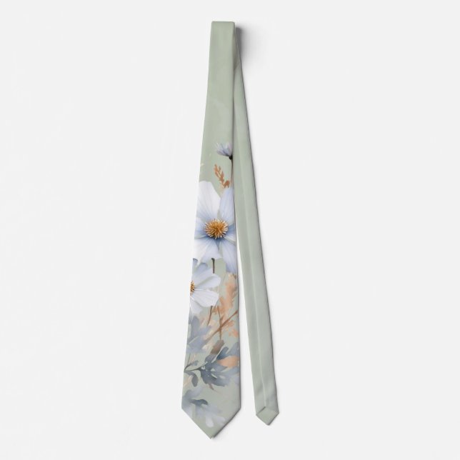 Cravate Mariage Fleur sauvage bleu foncé Sage Green (Devant)