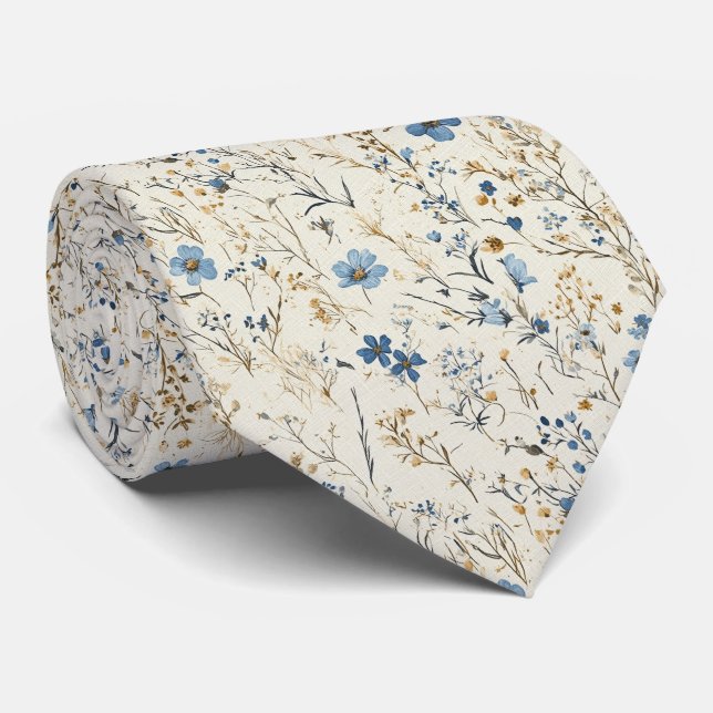 Cravate Mariage Fleur sauvage Cream & Cornflower (Roulé)
