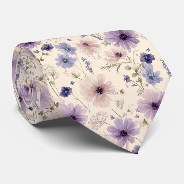 Cravate Mariage Fleur sauvage de Cosmos bleu et violet dou (Roulé)