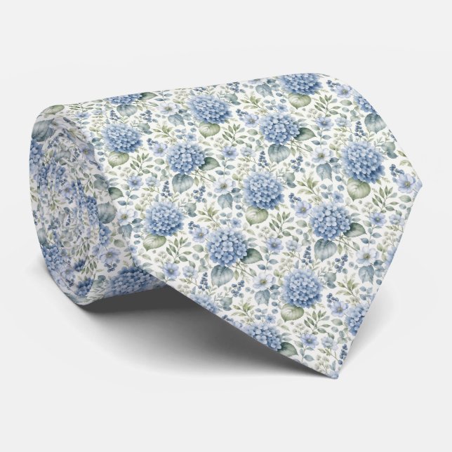 Cravate Mariage Fleurs Aquarelle Hydrangea Bleu Groom  (Roulé)