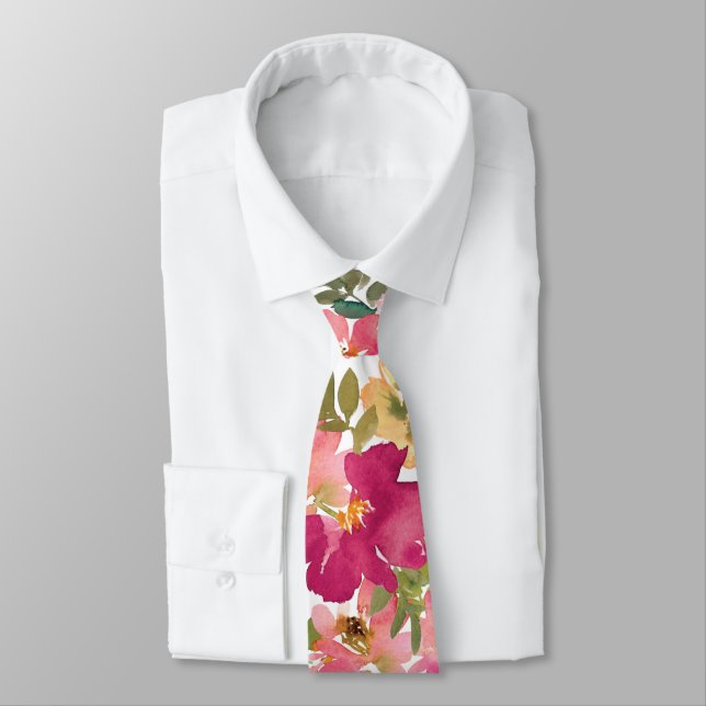 Cravate Mariage Floral Aquarelle Rose Jaune Pêche (Attaché)