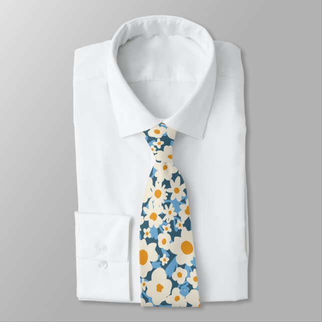 Cravate Mariage floral bleu jaune blanc bohème coloré (Attaché)