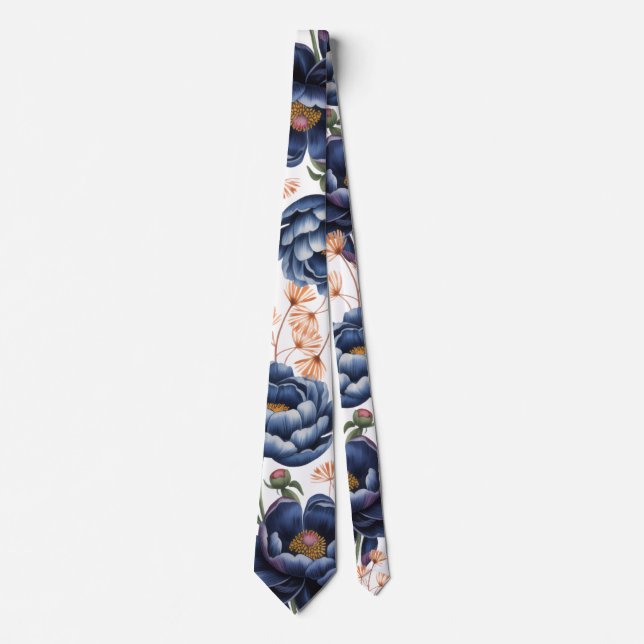 Cravate Mariage floral bleu marine et orange brûlé (Devant)