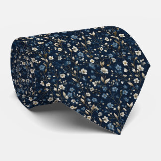 Cravate Mariage Floral Botanique Blanc Bleu Or Groom