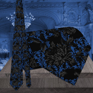 Cravate Mariage Floral Damask Gothique Noir et Bleu