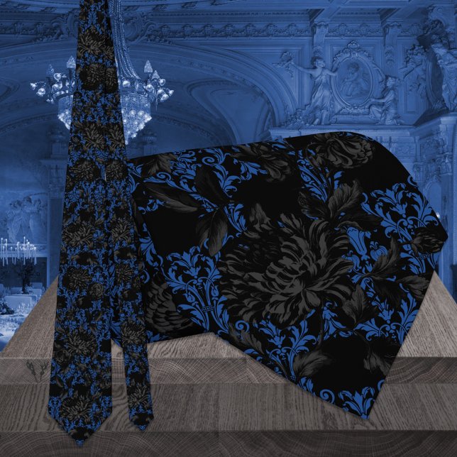 Cravate Mariage Floral Damask Gothique Noir et Bleu (Créateur téléchargé)