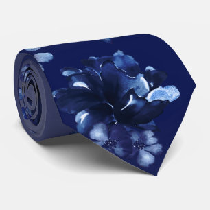 Cravate Mariage floral de couleur d'eau bleu marine profon
