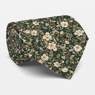 Cravate Mariage floral doré ivoire vert forêt sombre