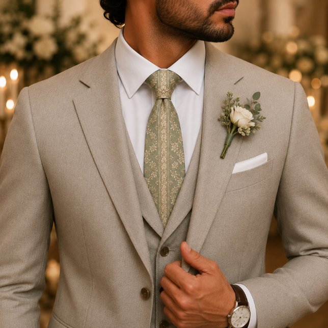 Cravate Mariage Floral Jacquard Vert Sauge (Créateur téléchargé)