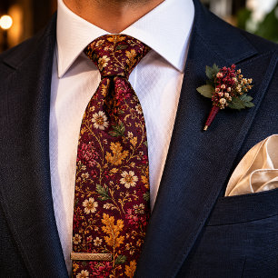 Cravate Mariage Floral Luxueux de Bourgogne Automne