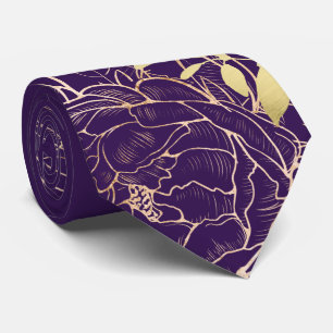 Cravate Mariage Floral Moderne Faux Or Pourpre Pivoine