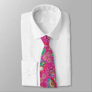 Cravate Mariage floral motif d'art populaire rose vif
