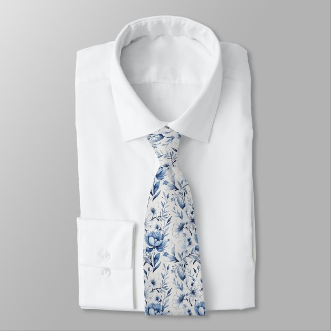 Cravate Mariage Floral Toile Bleu Blanc des Garçons d'Honn (Attaché)