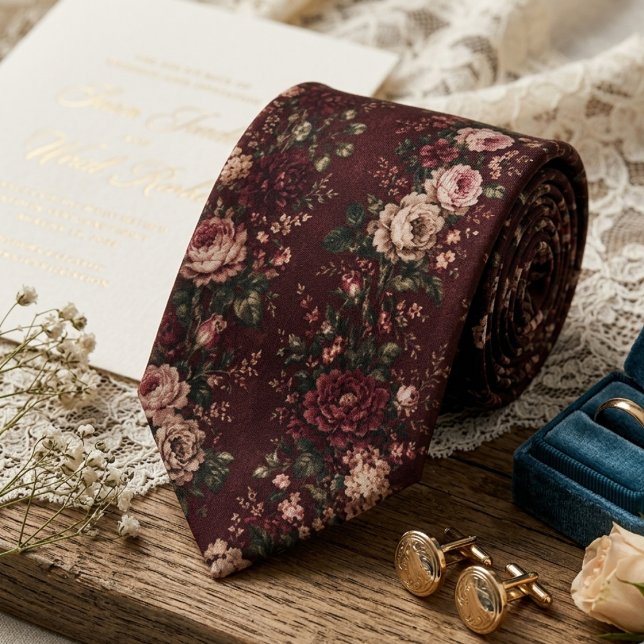 Cravate Mariage Floral Vintage Bourgogne (Créateur téléchargé)